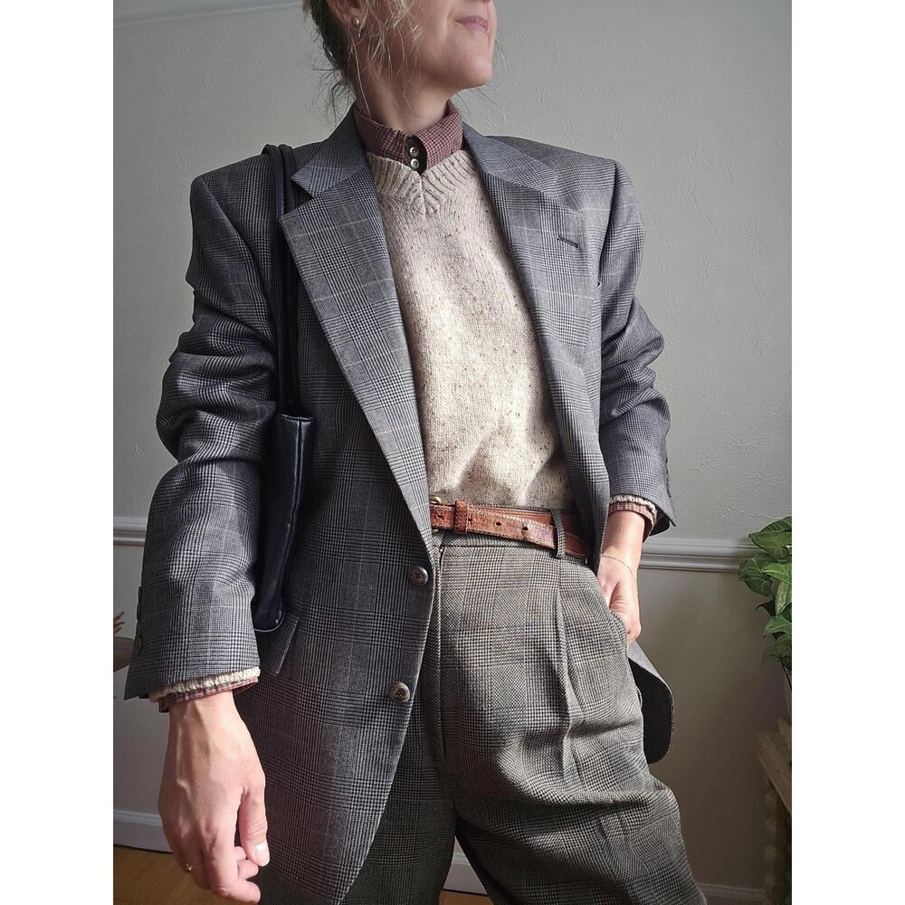 Vintage Wool Houndstooth Blazer: Gray Tartan Jacket, Dark Academia